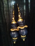 Wooden and metal beaded earrings; dark blue and golden flowers