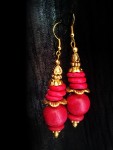 Wooden and metal beaded earrings; deep pink and golden flowers