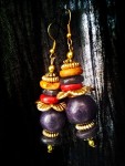 Wooden and metal beaded earrings; yellow, red purple and golden flowers