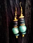 Wooden and metal beaded earrings; dark blue, sea foam green, and golden