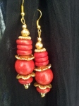 Wooden and metal beaded earrings; red and golden flowers